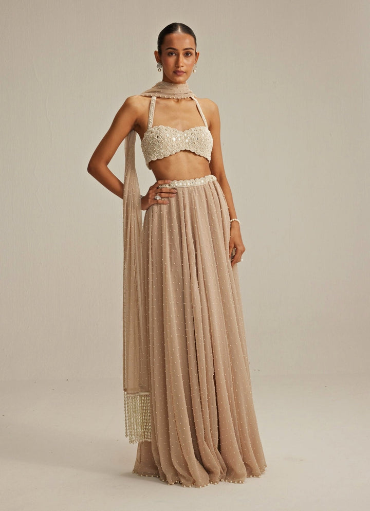 Beige Gold Skirt Set With Halter Neck Blouse Vvani by Vani Vats - Fabilicious Fashion