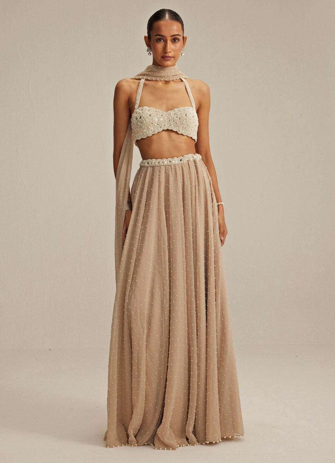 Beige Gold Skirt Set With Halter Neck Blouse Vvani by Vani Vats - Fabilicious Fashion