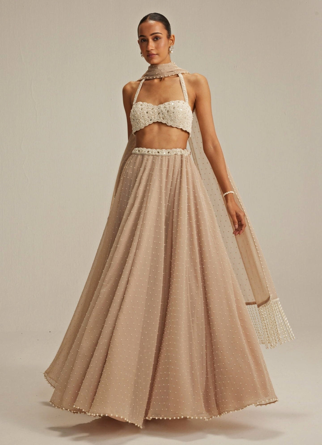 Beige Gold Skirt Set With Halter Neck Blouse Vvani by Vani Vats - Fabilicious Fashion