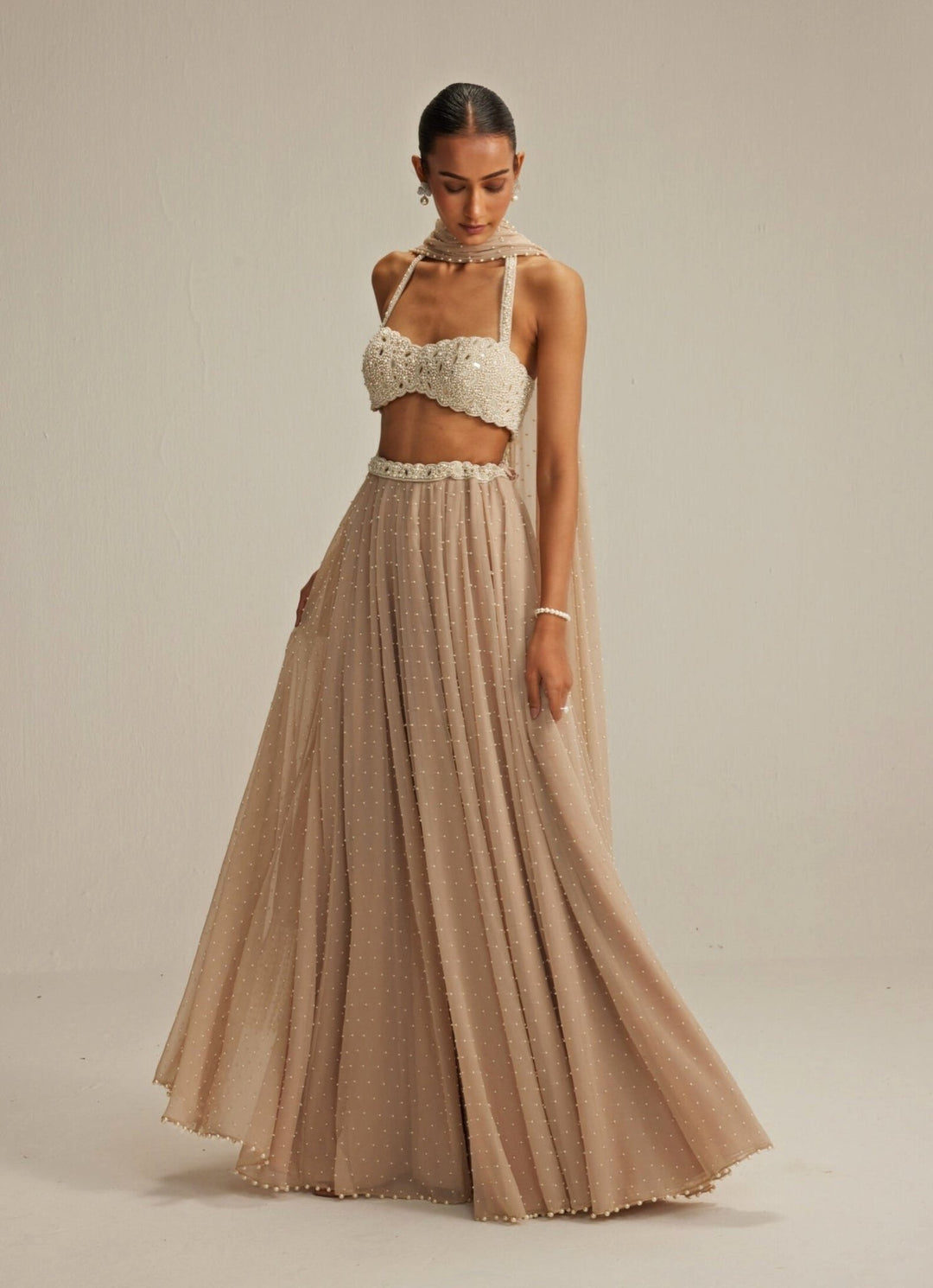Beige Gold Skirt Set With Halter Neck Blouse Vvani by Vani Vats - Fabilicious Fashion