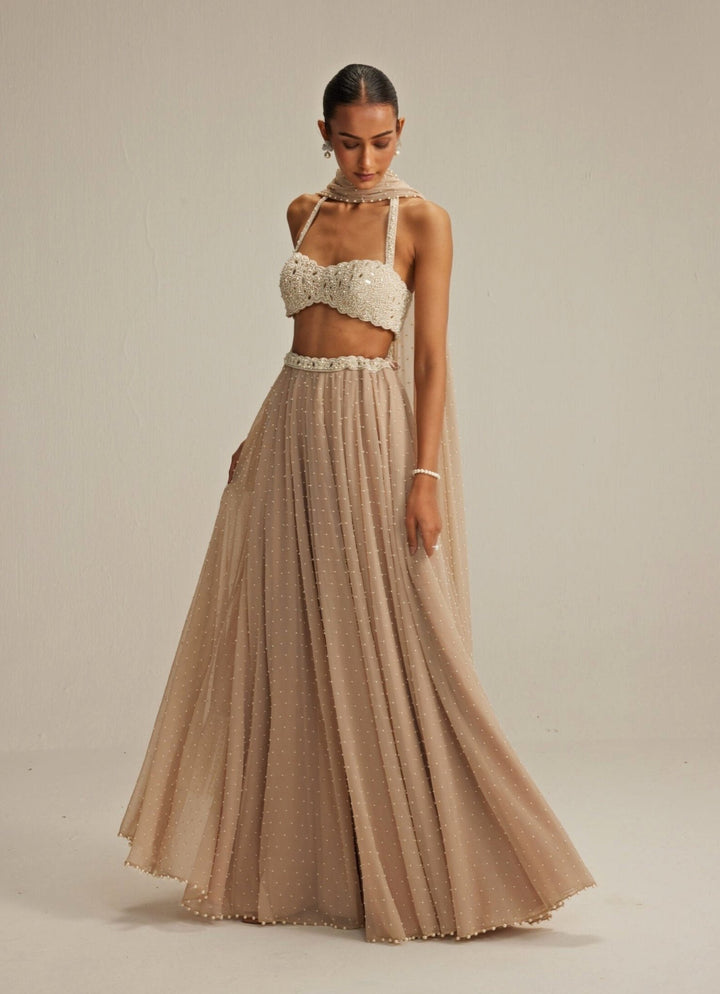 Beige Gold Skirt Set With Halter Neck Blouse Vvani by Vani Vats - Fabilicious Fashion