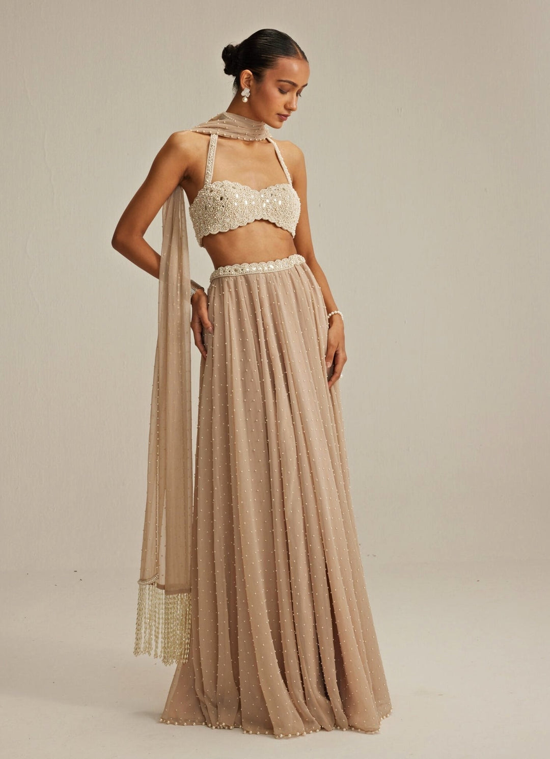 Beige Gold Skirt Set With Halter Neck Blouse Vvani by Vani Vats - Fabilicious Fashion