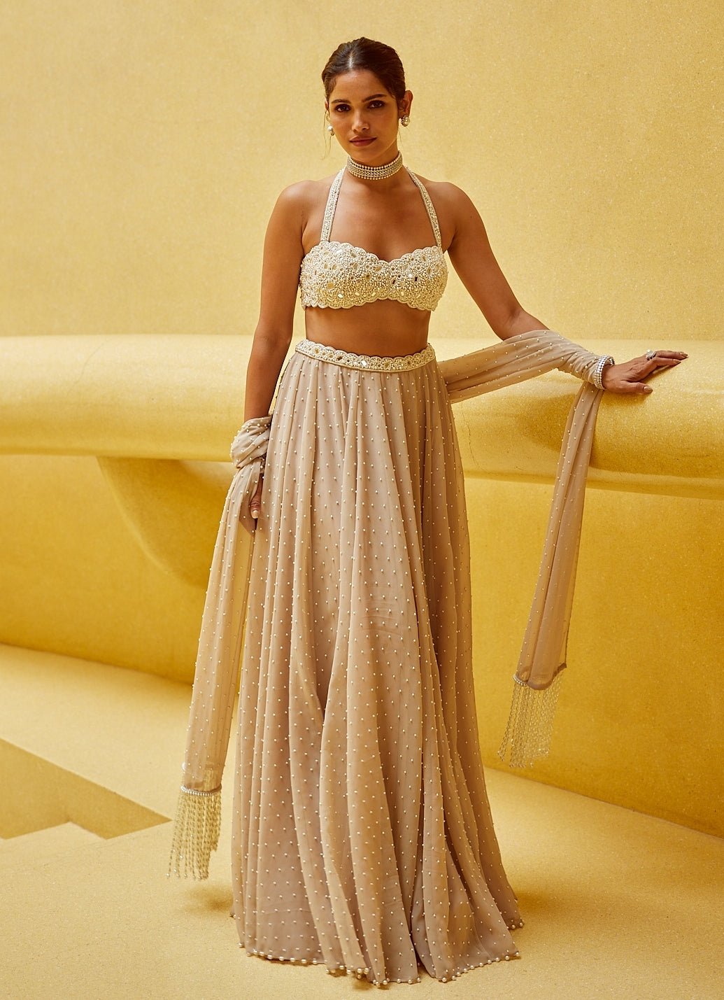 Beige Gold Skirt Set With Halter Neck Blouse Vvani by Vani Vats - Fabilicious Fashion