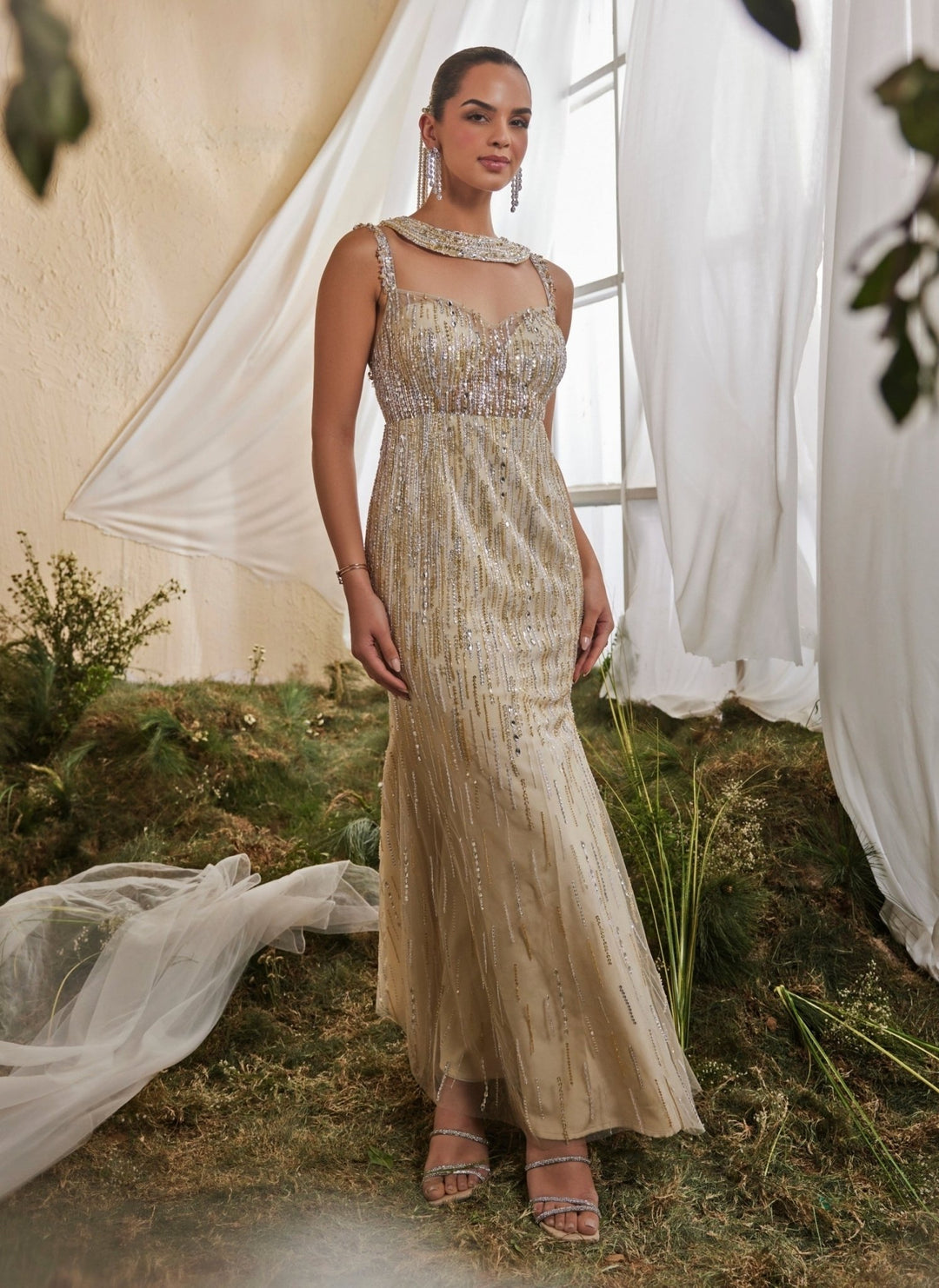 Mani Bhatia Beige Gold Soft Net Anarkali Gown With DupattaFabilicious Fashion