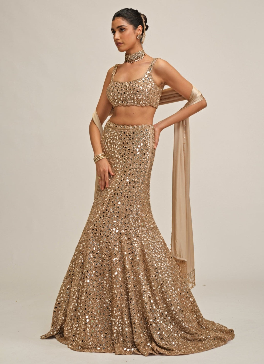 Vvani by Vani Vats Beige Gold Soft Net Mermaid LehengaFabilicious Fashion