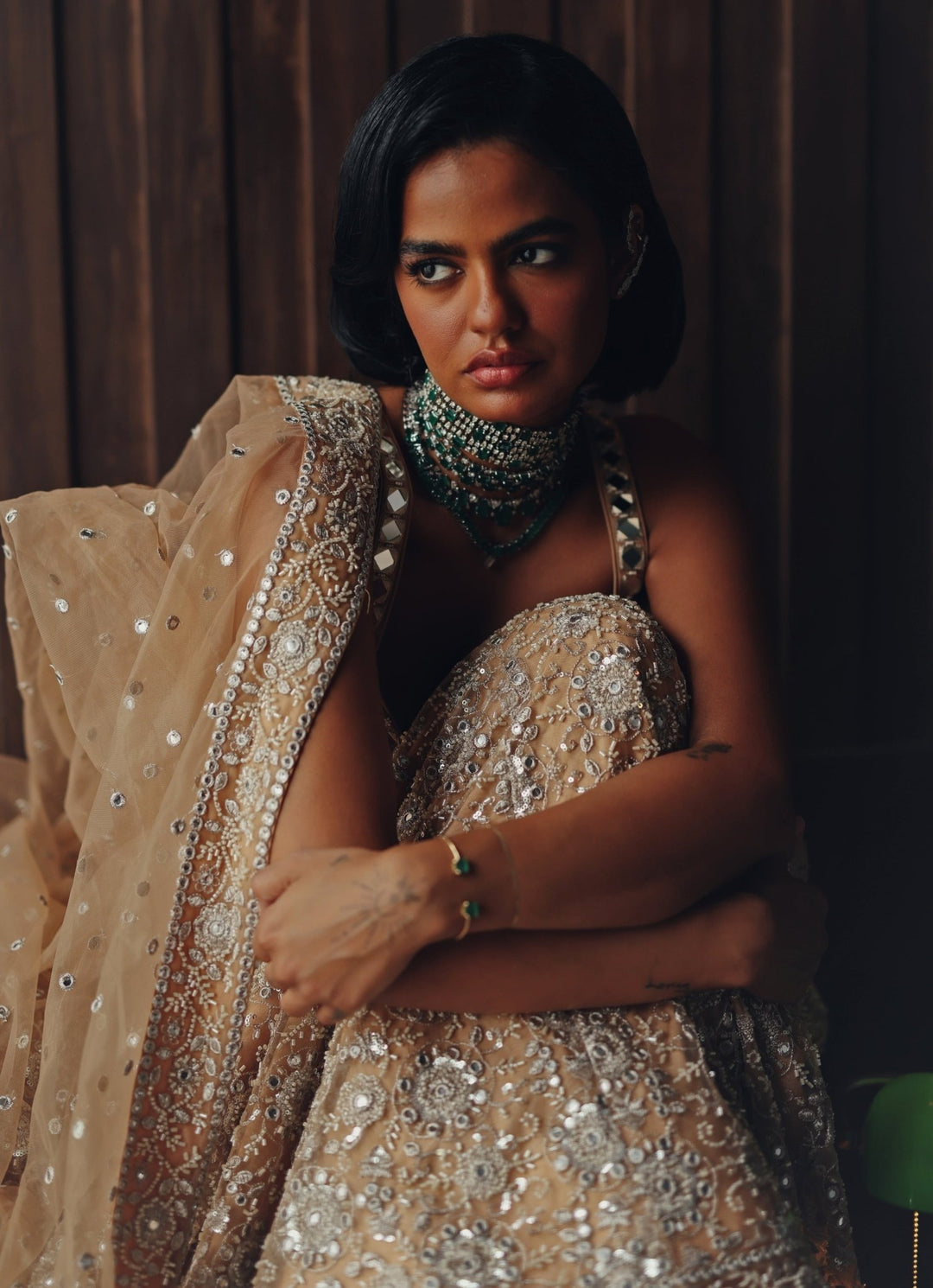 Beige Gold Soft Net Mirror Lehenga Twenty Nine - Fabilicious Fashion