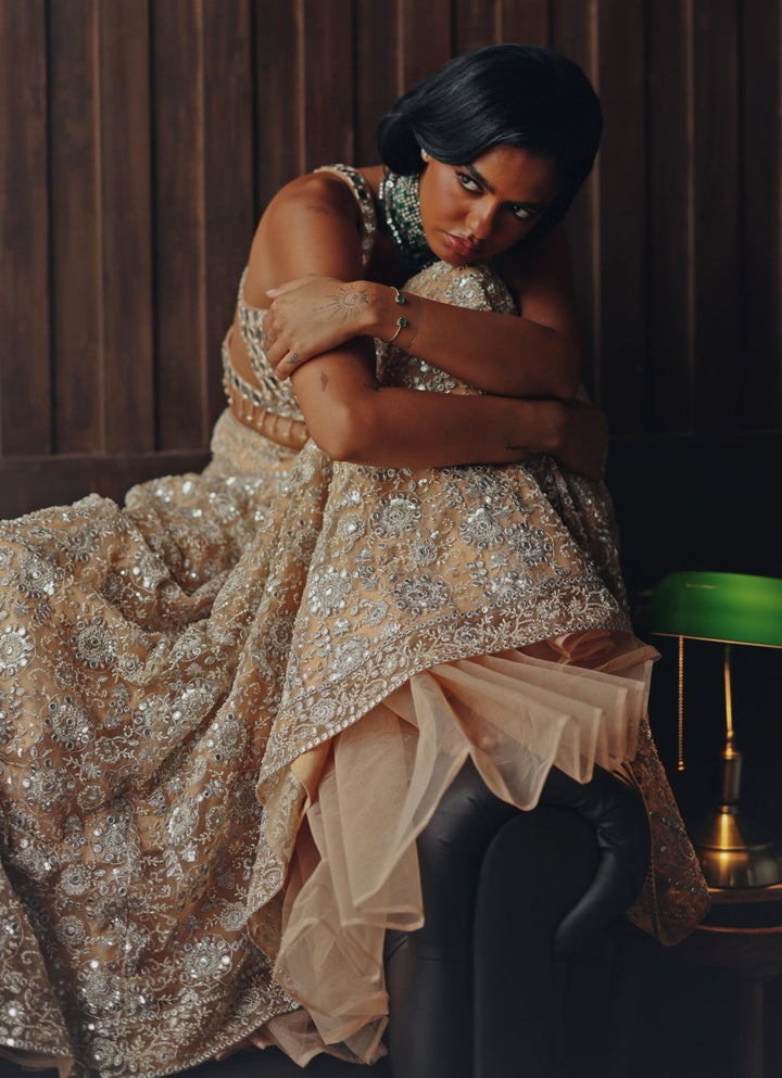 Beige Gold Soft Net Mirror Lehenga Twenty Nine - Fabilicious Fashion