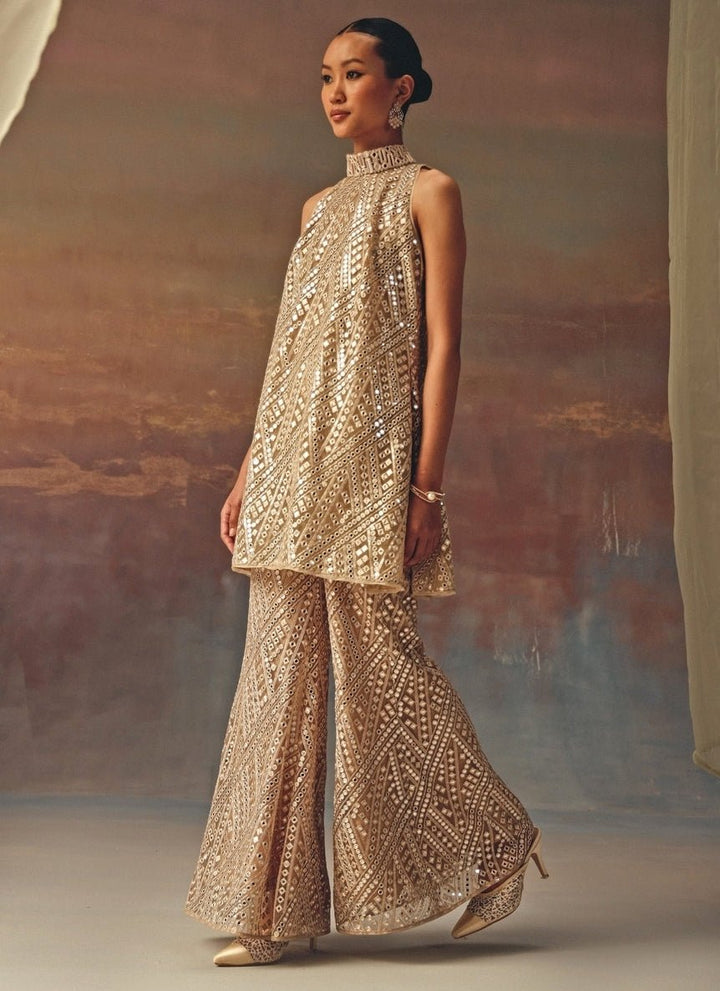 Twenty Nine Beige Gold Soft Net Mirrorwork Kurta ShararaFabilicious Fashion