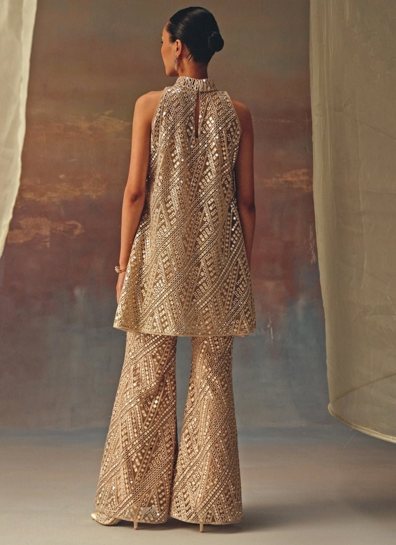 Twenty Nine Beige Gold Soft Net Mirrorwork Kurta ShararaFabilicious Fashion