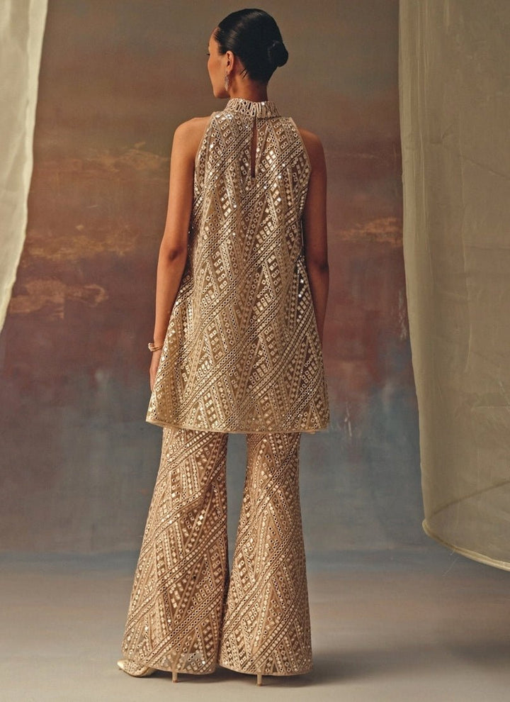 Twenty Nine Beige Gold Soft Net Mirrorwork Kurta ShararaFabilicious Fashion