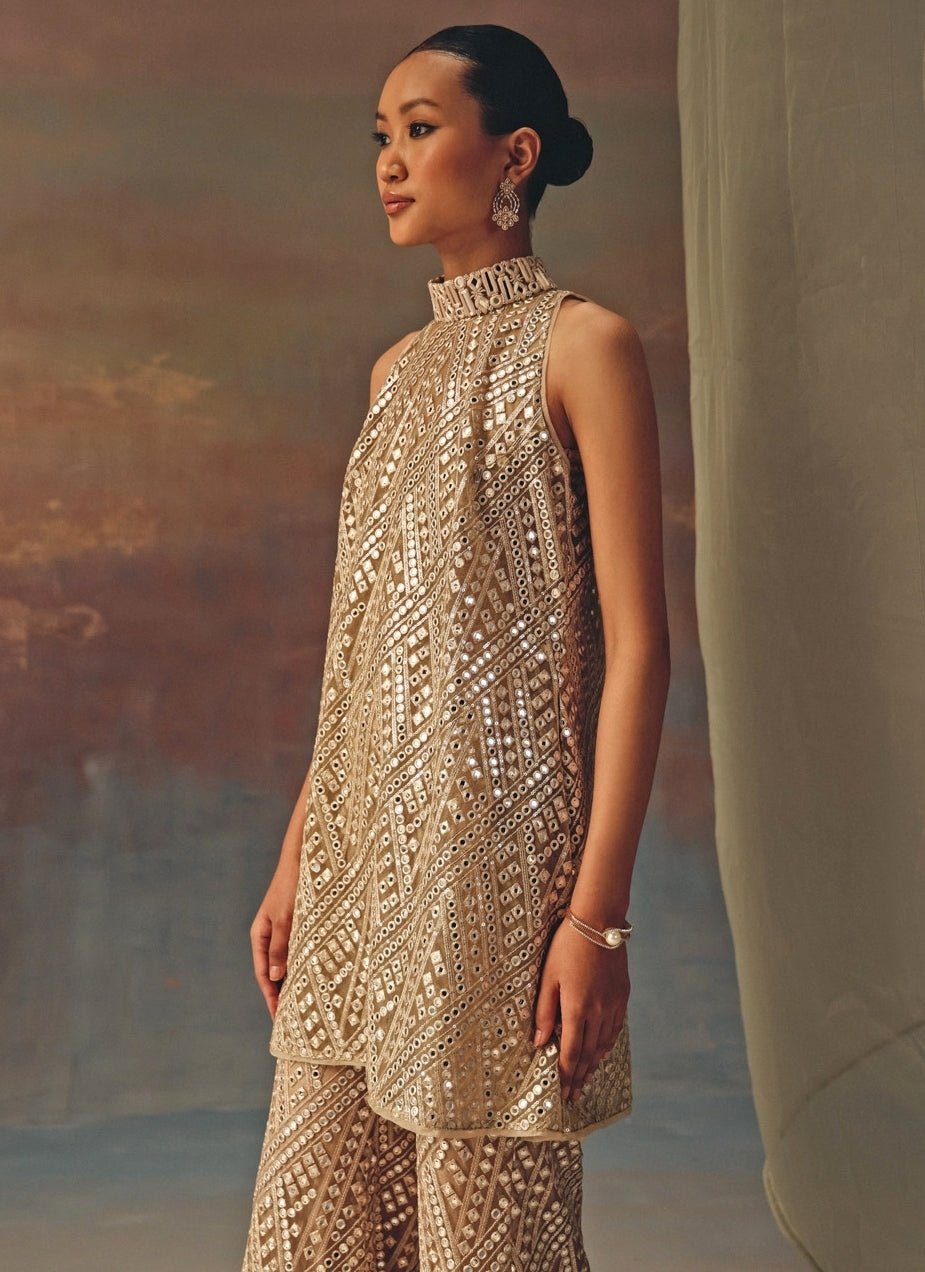 Twenty Nine Beige Gold Soft Net Mirrorwork Kurta ShararaFabilicious Fashion