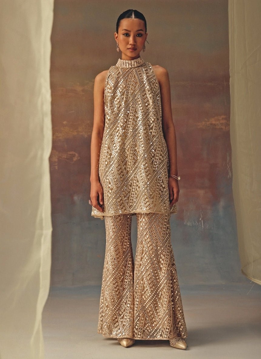 Twenty Nine Beige Gold Soft Net Mirrorwork Kurta ShararaFabilicious Fashion