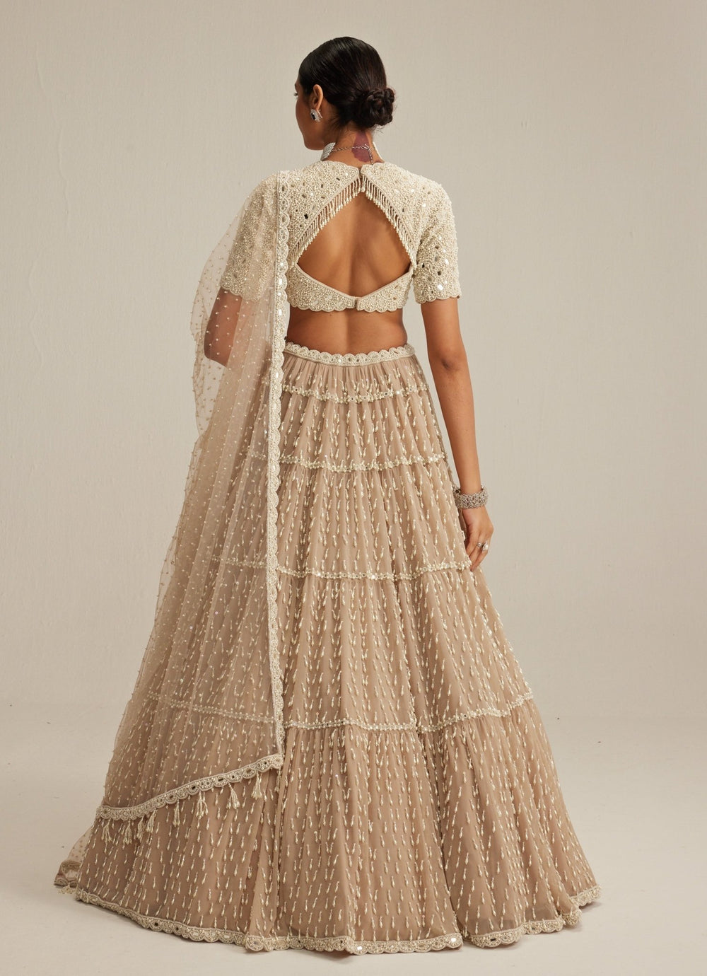 Beige Gold Tiered Georgette Classic Lehenga Set Vvani by Vani Vats - Fabilicious Fashion
