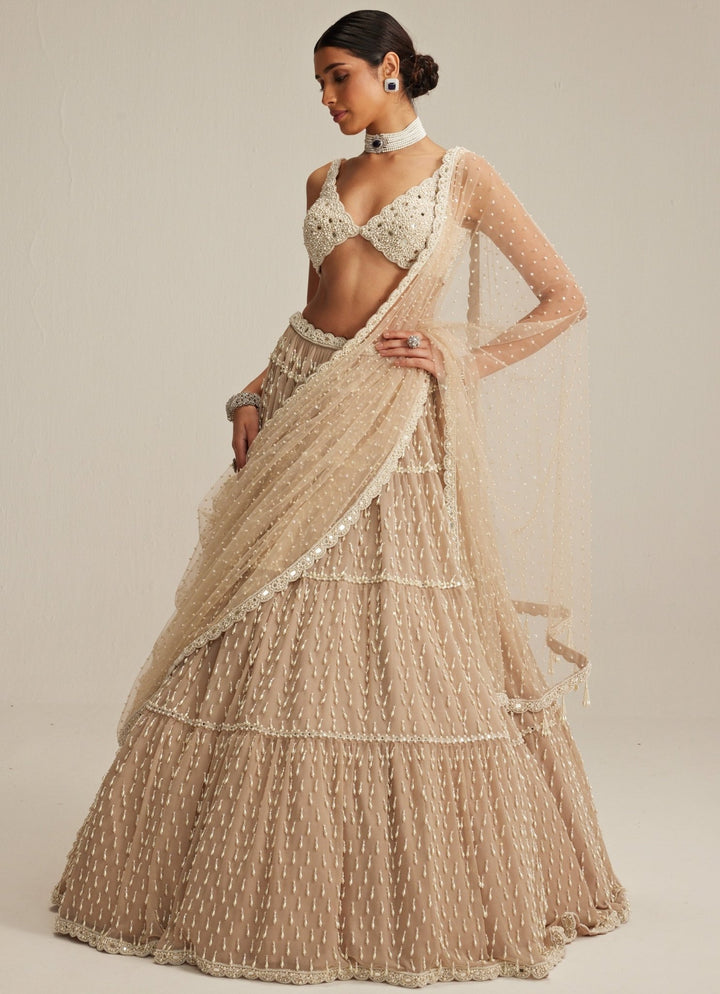 Beige Gold Tiered Georgette Lehenga Set Vvani by Vani Vats - Fabilicious Fashion