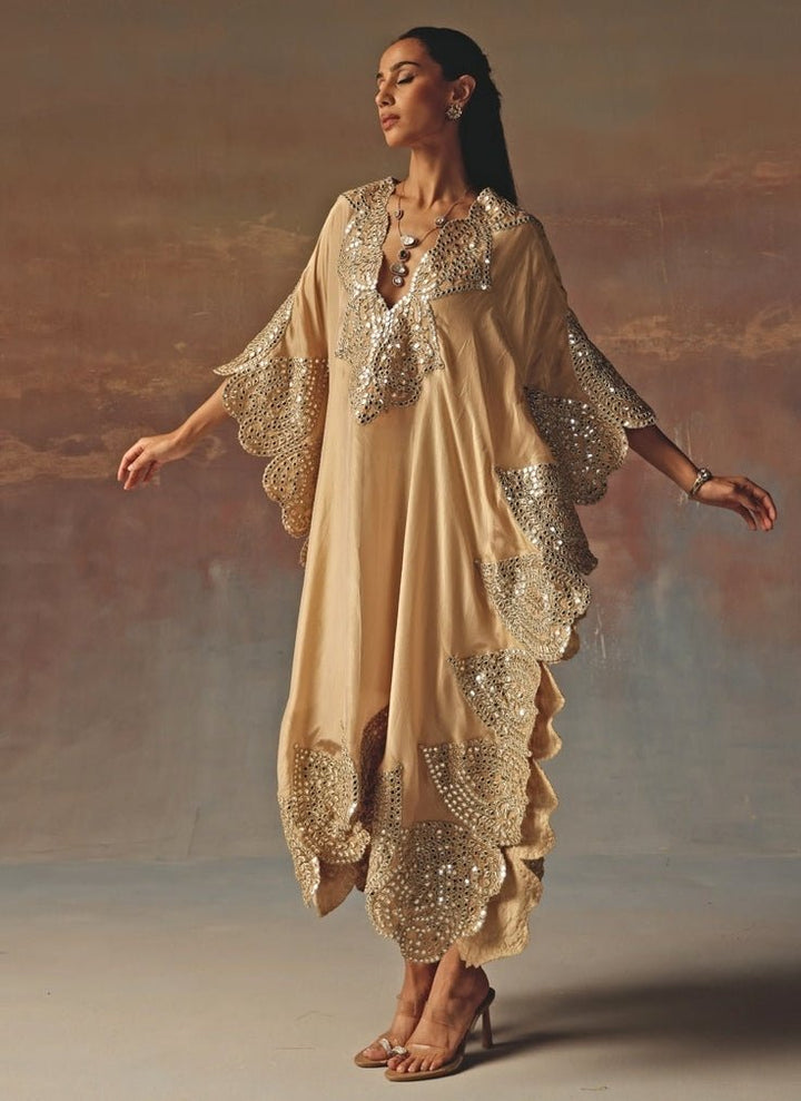Twenty Nine Beige Gold Tissue Organza Mirrorwork KaftanFabilicious Fashion