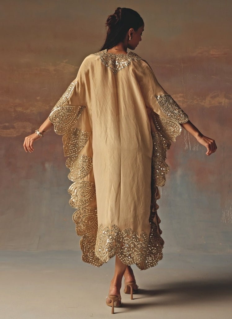 Twenty Nine Beige Gold Tissue Organza Mirrorwork KaftanFabilicious Fashion