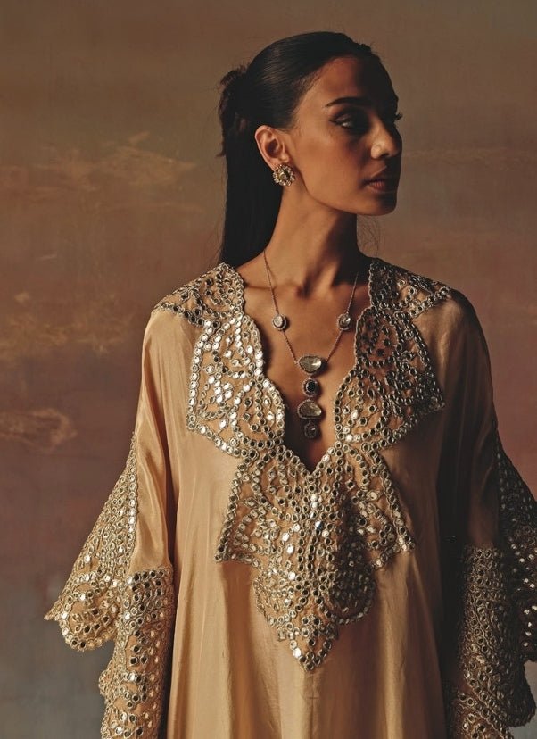 Twenty Nine Beige Gold Tissue Organza Mirrorwork KaftanFabilicious Fashion