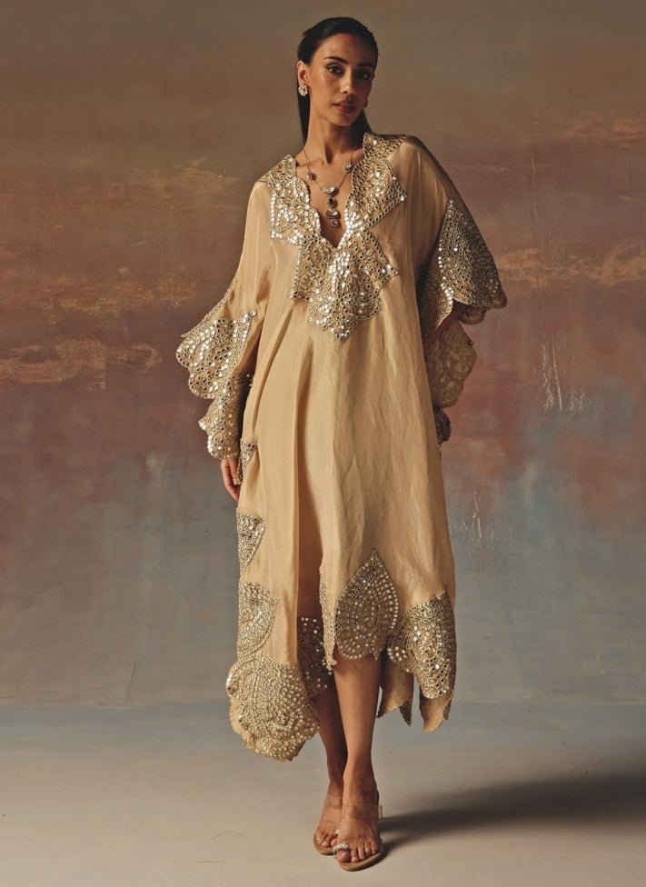 Twenty Nine Beige Gold Tissue Organza Mirrorwork KaftanFabilicious Fashion