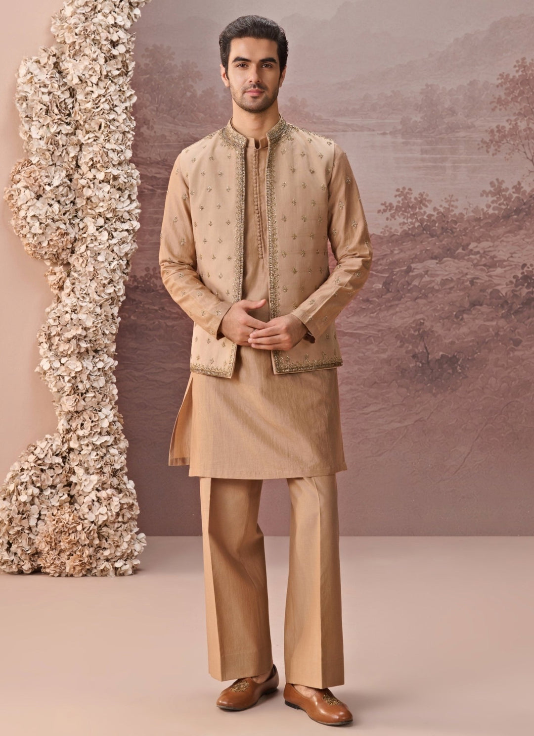 Contrast by Parth Beige Gold Twill Silk Nehru Jacket SetFabilicious Fashion