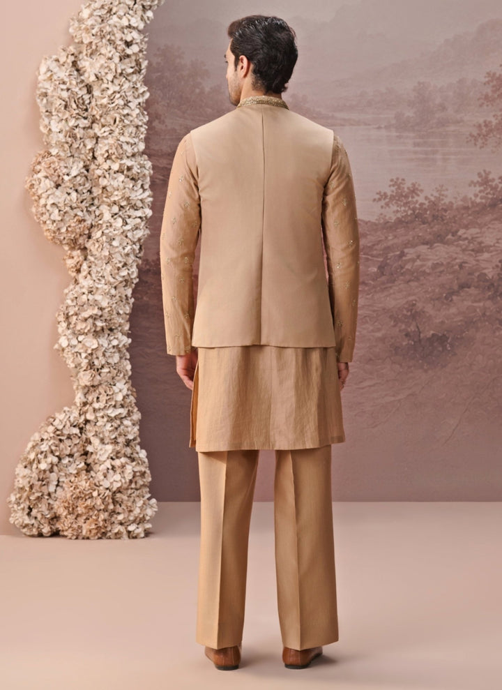 Contrast by Parth Beige Gold Twill Silk Nehru Jacket SetFabilicious Fashion