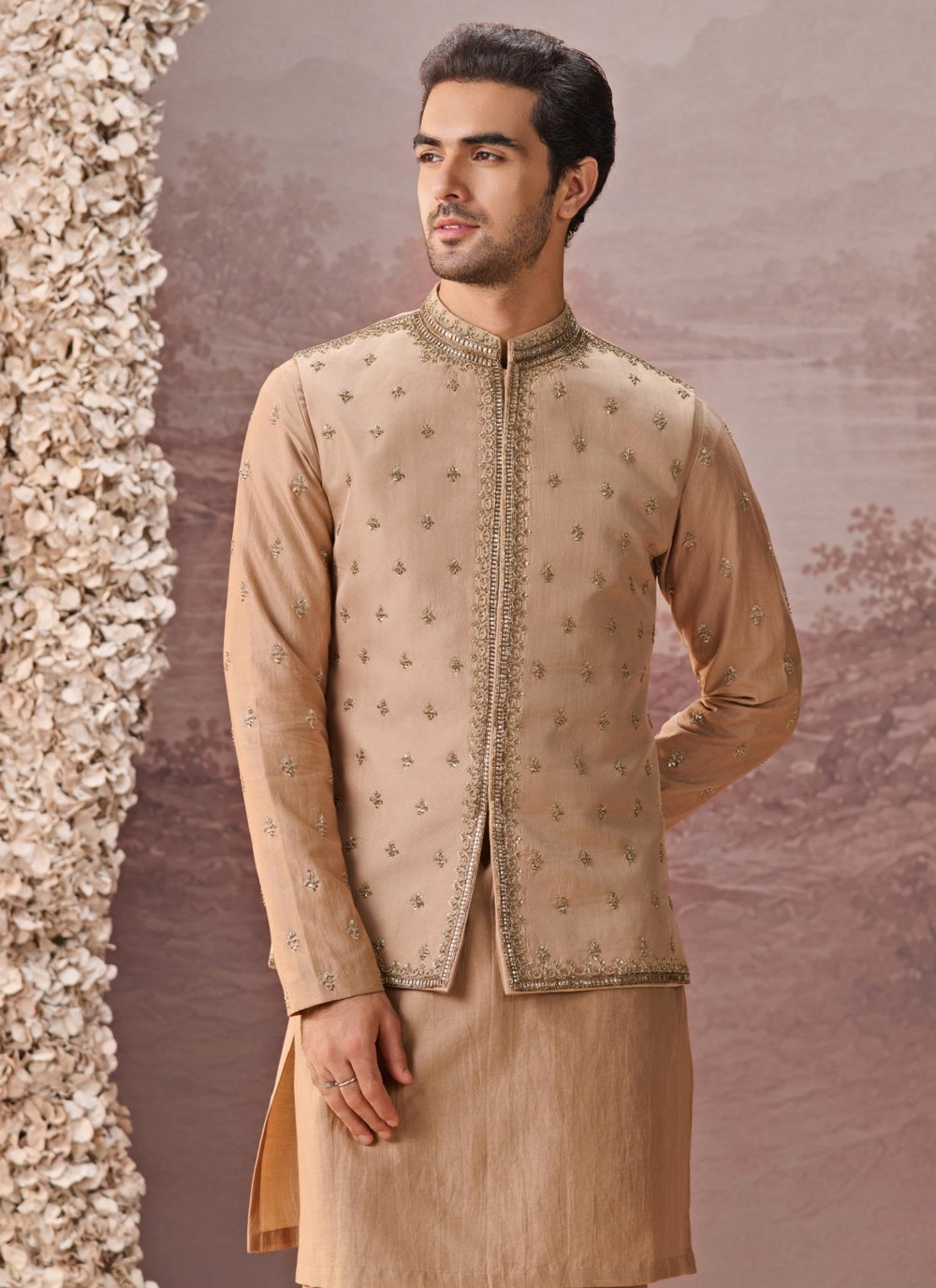 Contrast by Parth Beige Gold Twill Silk Nehru Jacket SetFabilicious Fashion