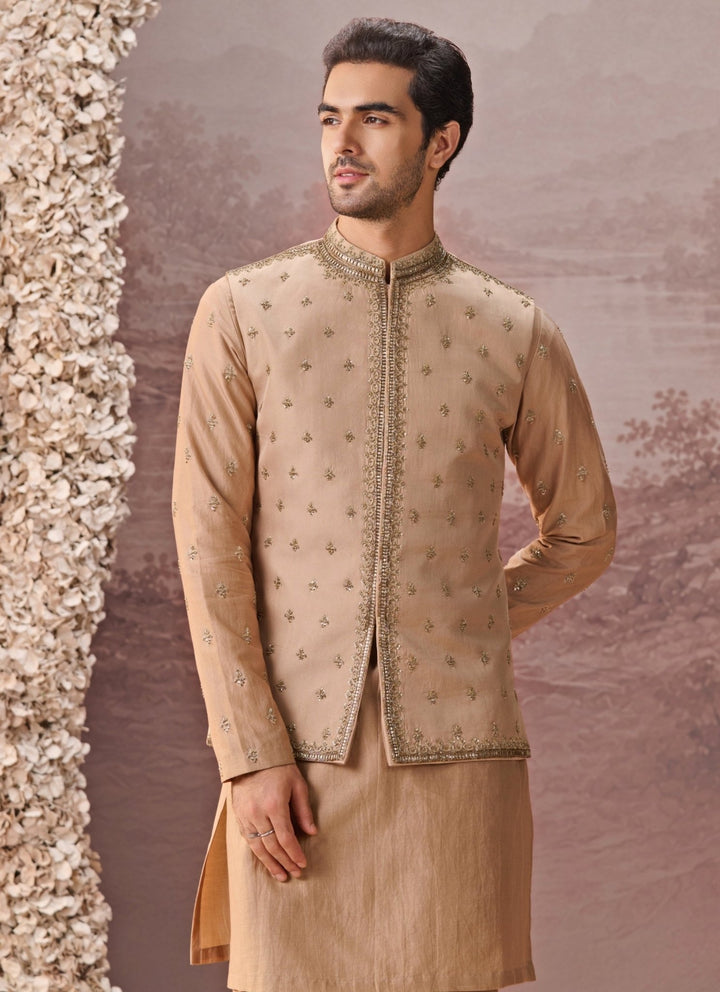 Contrast by Parth Beige Gold Twill Silk Nehru Jacket SetFabilicious Fashion