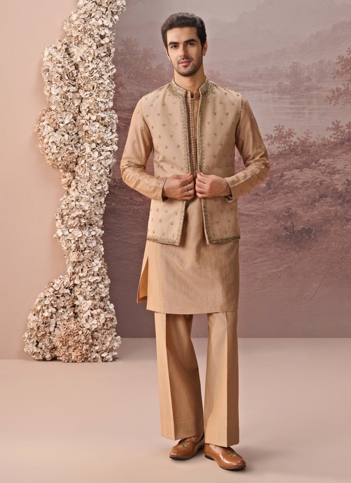 Contrast by Parth Beige Gold Twill Silk Nehru Jacket SetFabilicious Fashion