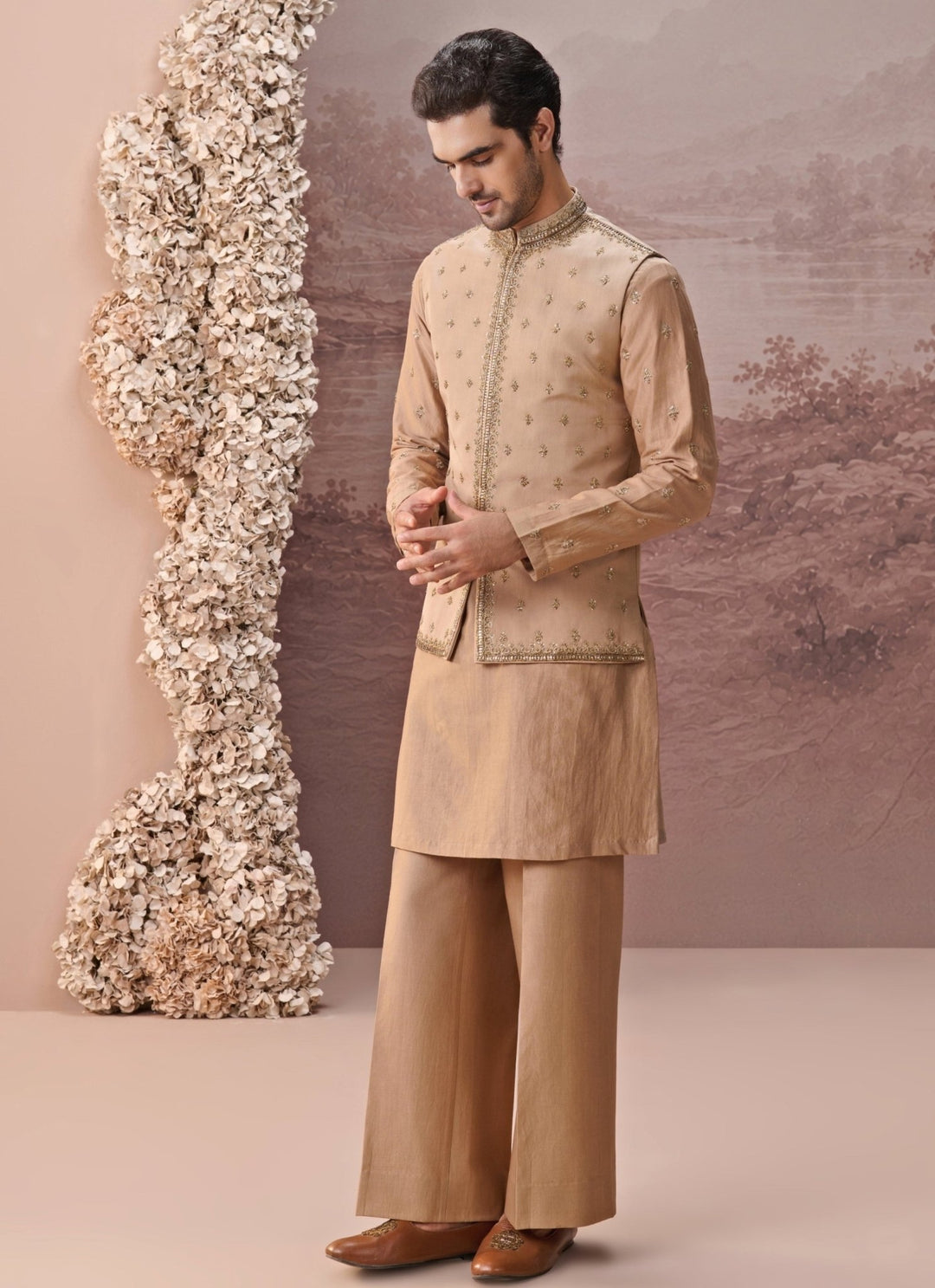 Contrast by Parth Beige Gold Twill Silk Nehru Jacket SetFabilicious Fashion
