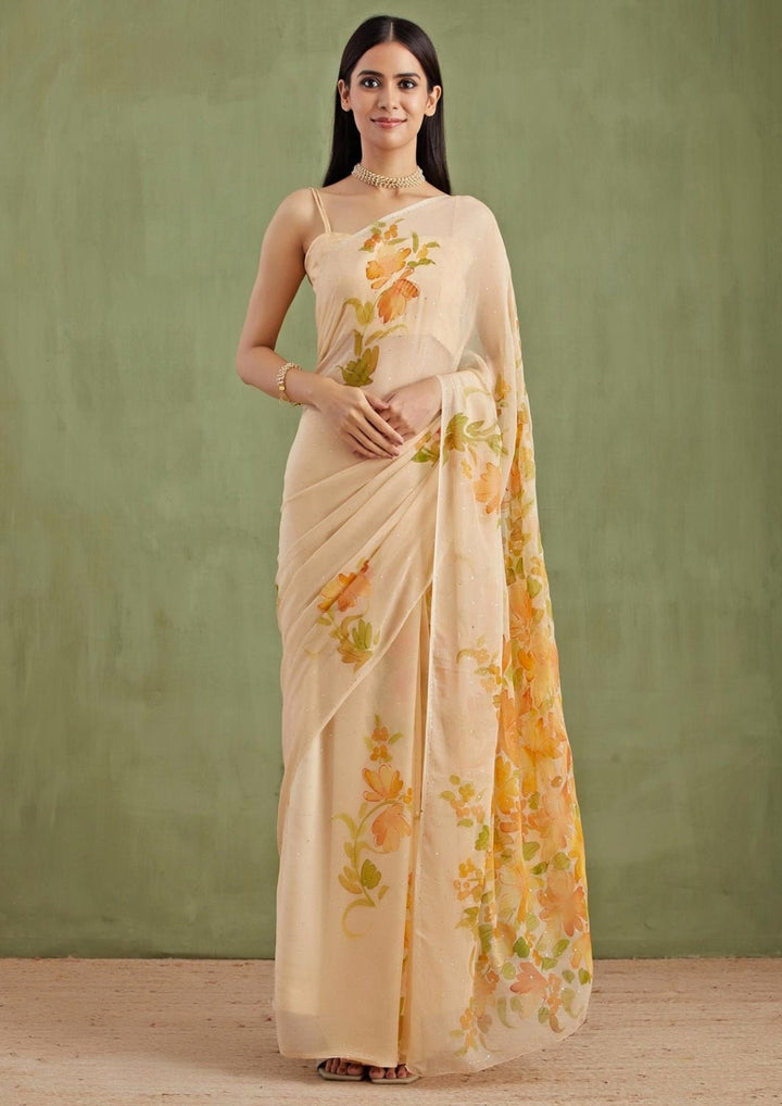 Beige Hand Painted Chiffon Pre - Draped Saree Set Geroo Jaipur - Fabilicious Fashion