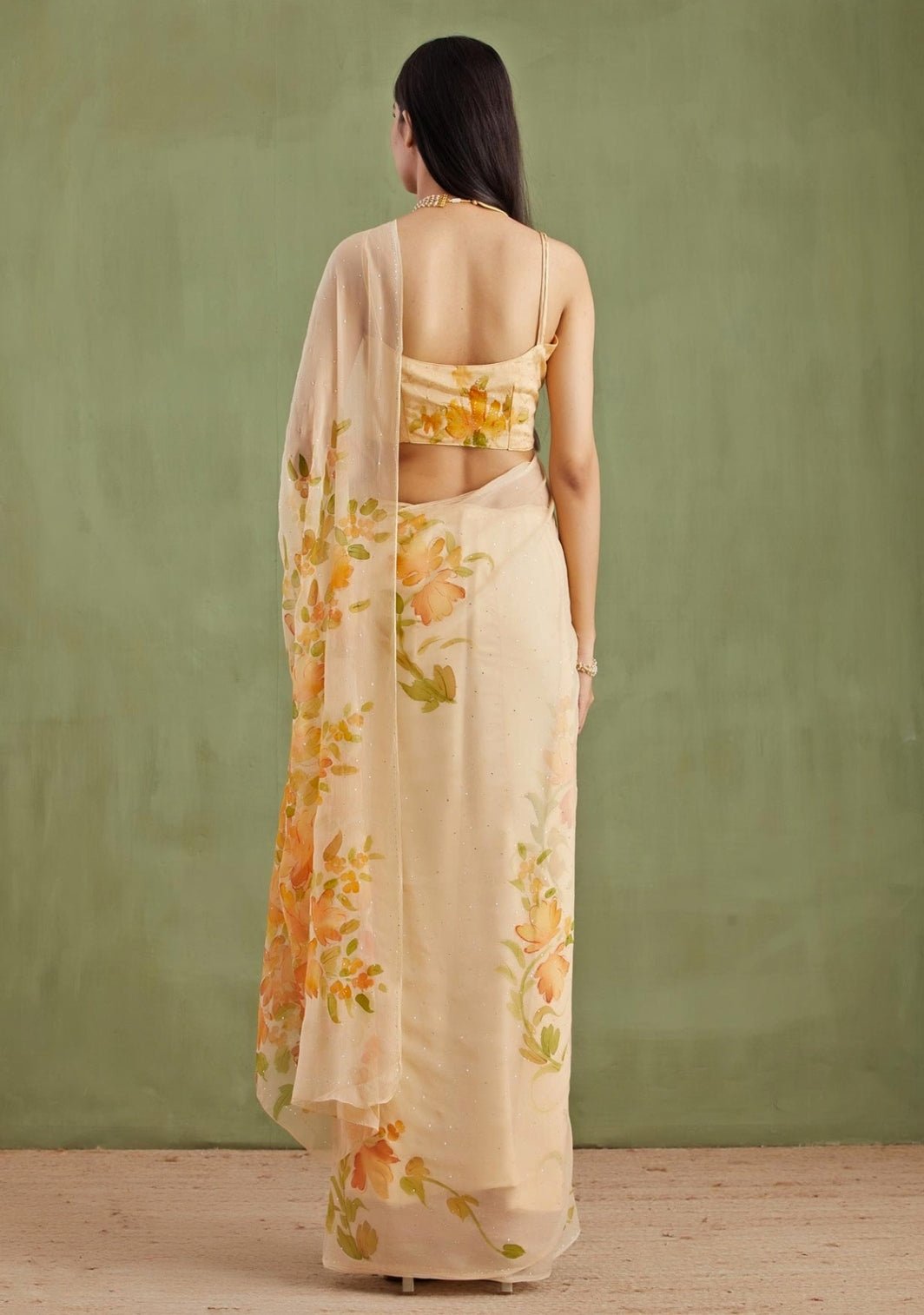 Beige Hand Painted Chiffon Pre - Draped Saree Set Geroo Jaipur - Fabilicious Fashion