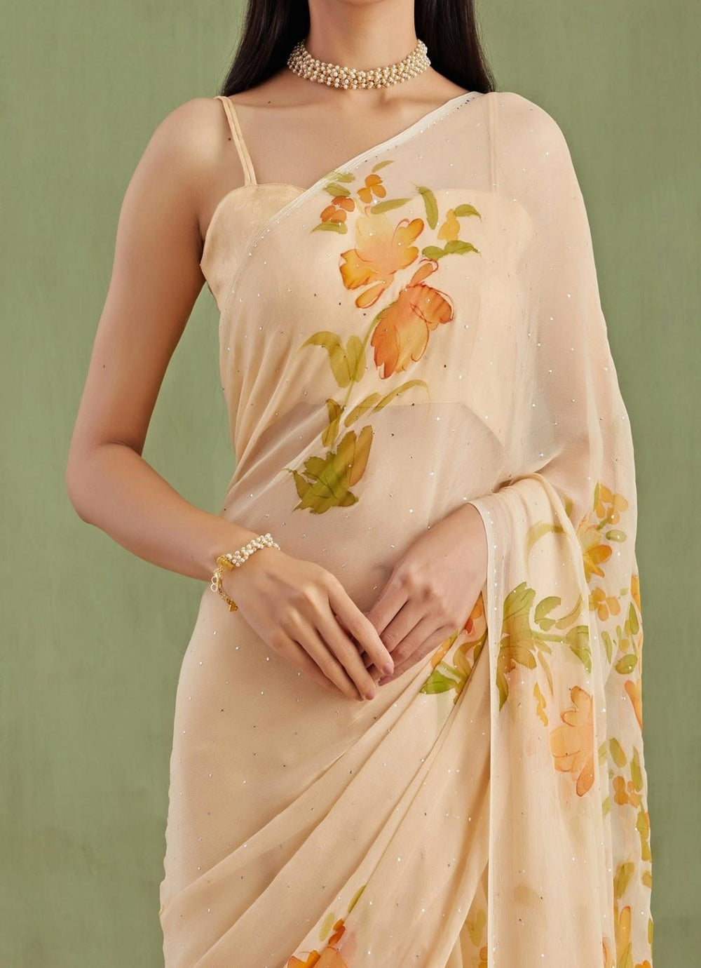 Beige Hand Painted Chiffon Pre - Draped Saree Set Geroo Jaipur - Fabilicious Fashion
