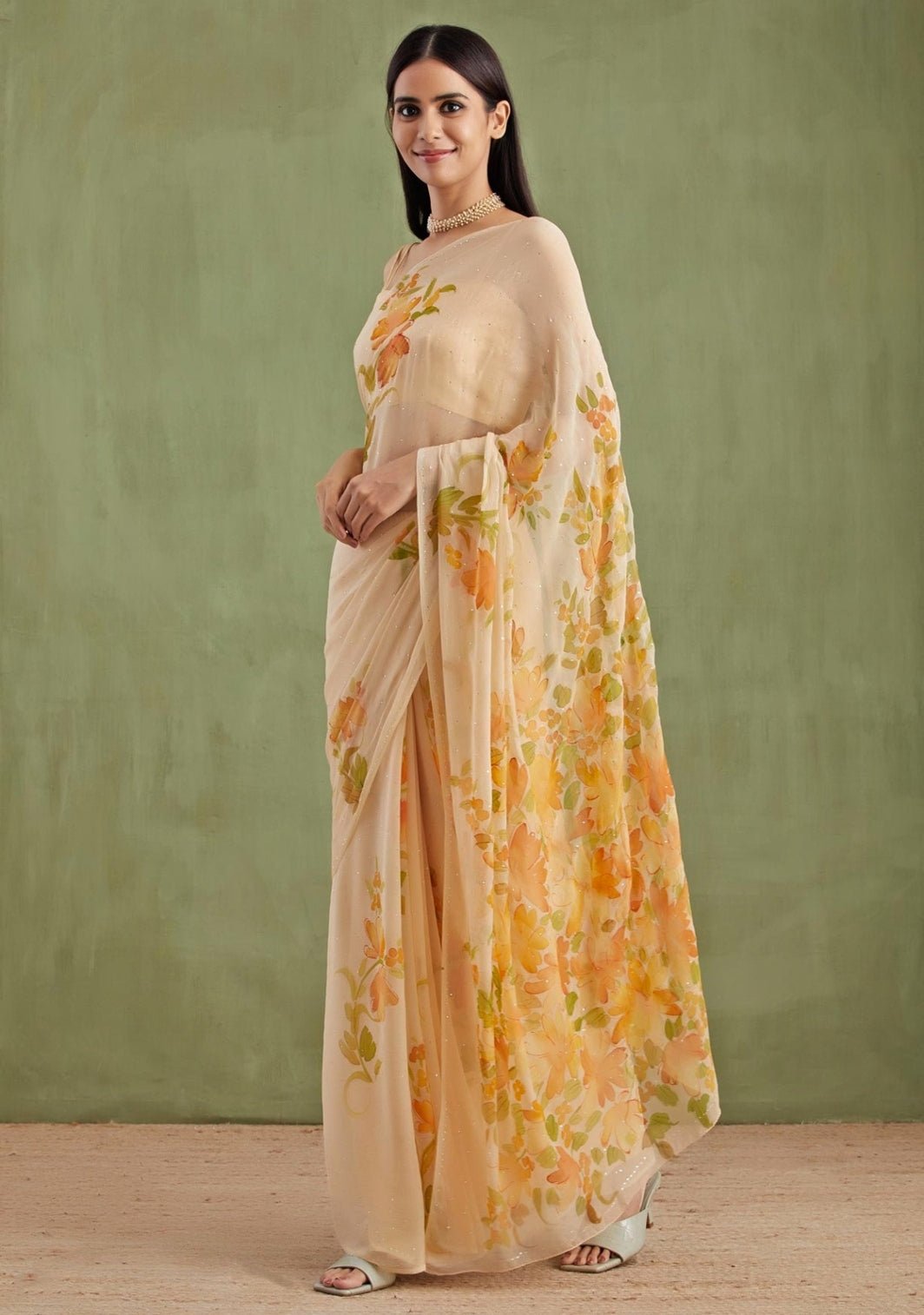 Beige Hand Painted Chiffon Pre - Draped Saree Set Geroo Jaipur - Fabilicious Fashion