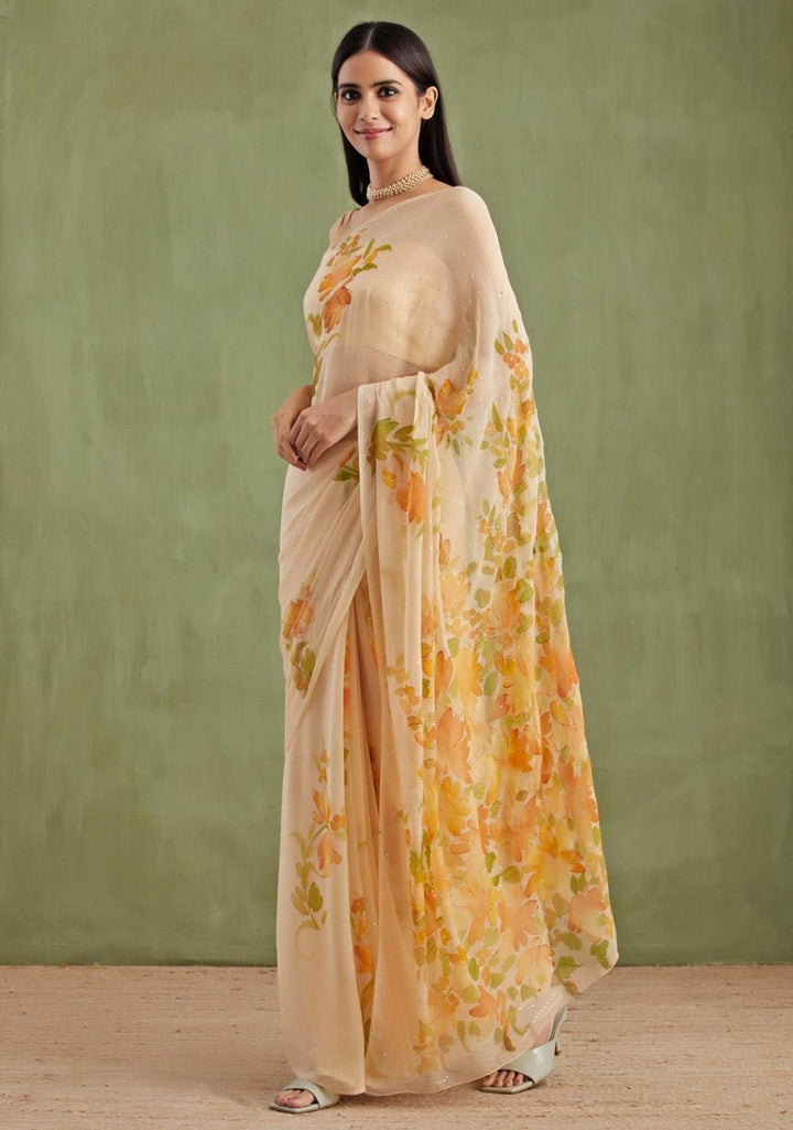 Beige Hand Painted Chiffon Pre - Draped Saree Set Geroo Jaipur - Fabilicious Fashion