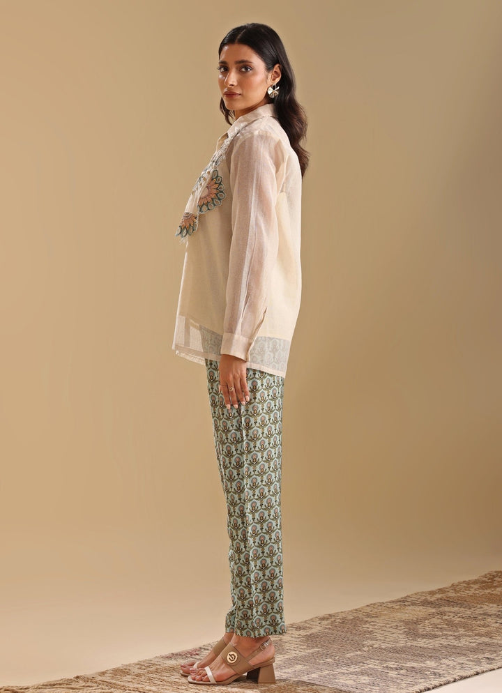Beige Handloom Applique Shirt And Pant Set Soup By Sougat Paul - Fabilicious Fashion