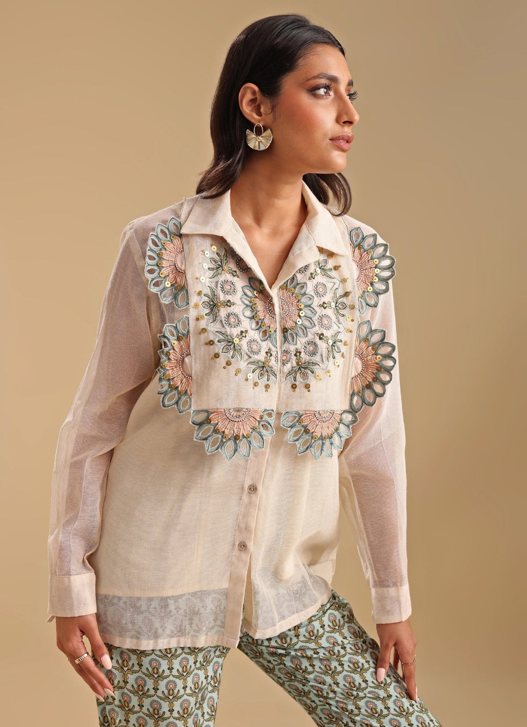 Beige Handloom Applique Shirt And Pant Set Soup By Sougat Paul - Fabilicious Fashion
