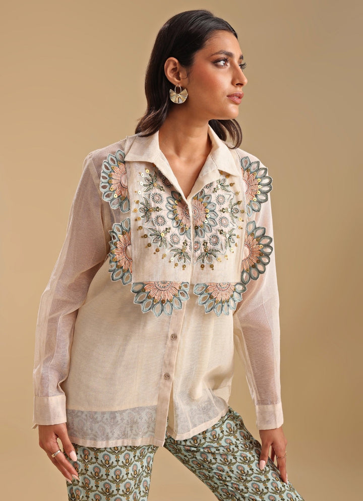 Beige Handloom Applique Shirt And Pant Set Soup By Sougat Paul - Fabilicious Fashion