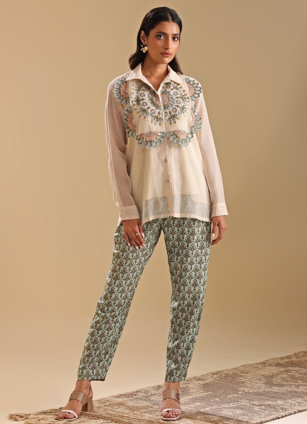 Beige Handloom Applique Shirt And Pant Set Soup By Sougat Paul - Fabilicious Fashion
