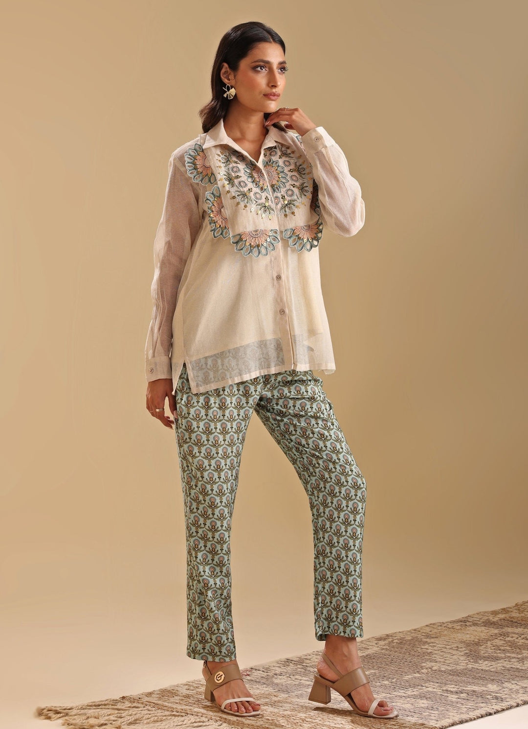 Beige Handloom Applique Shirt And Pant Set Soup By Sougat Paul - Fabilicious Fashion