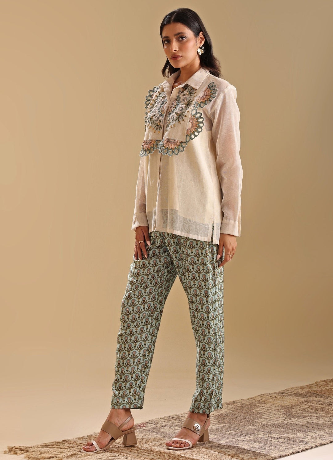 Beige Handloom Applique Shirt And Pant Set Soup By Sougat Paul - Fabilicious Fashion