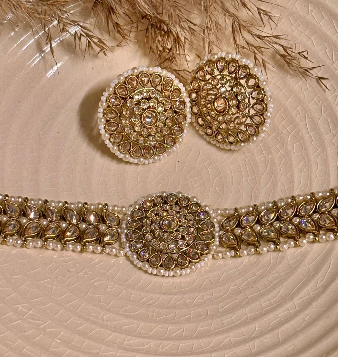 Naymee Beige Kundan Choker Set With White BeadsFabilicious Fashion