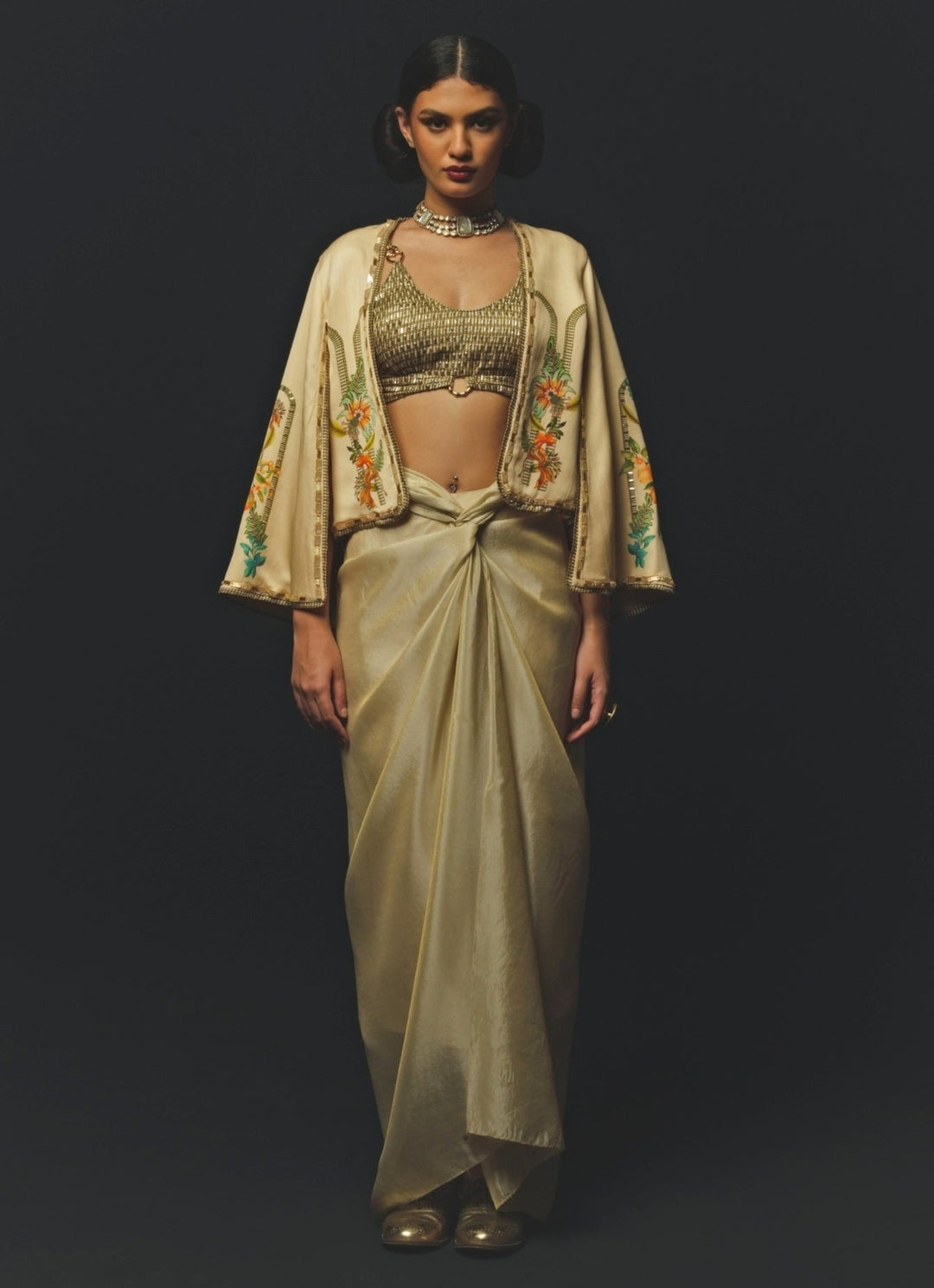 Beige Linen Satin Drape Skirt Set With Blazer Basil Leaf - Fabilicious Fashion