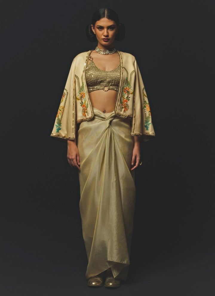 Beige Linen Satin Drape Skirt Set With Blazer Basil Leaf - Fabilicious Fashion