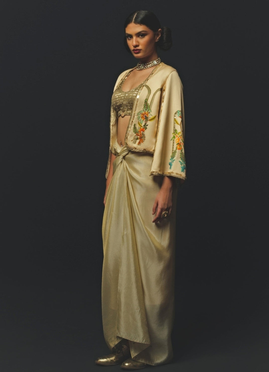 Beige Linen Satin Drape Skirt Set With Blazer Basil Leaf - Fabilicious Fashion