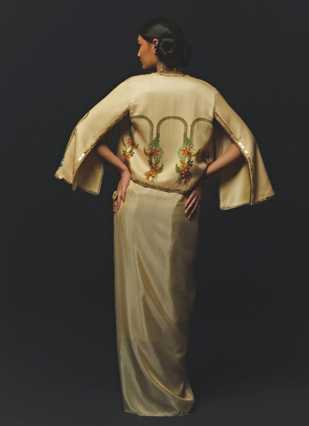 Beige Linen Satin Drape Skirt Set With Blazer Basil Leaf - Fabilicious Fashion