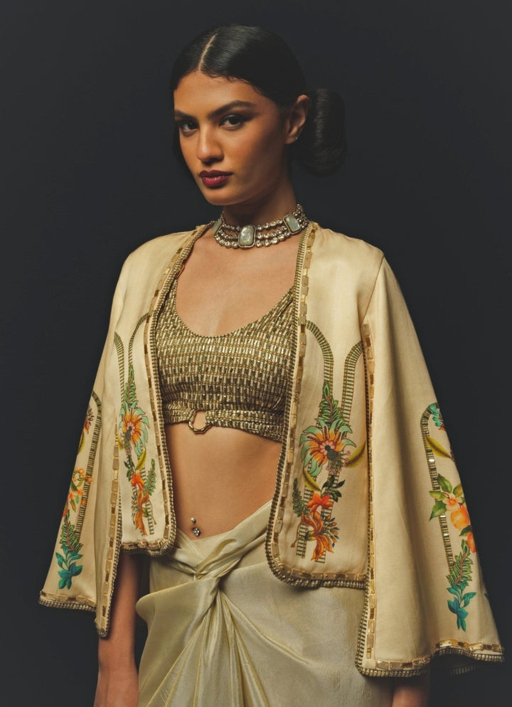 Beige Linen Satin Drape Skirt Set With Blazer Basil Leaf - Fabilicious Fashion