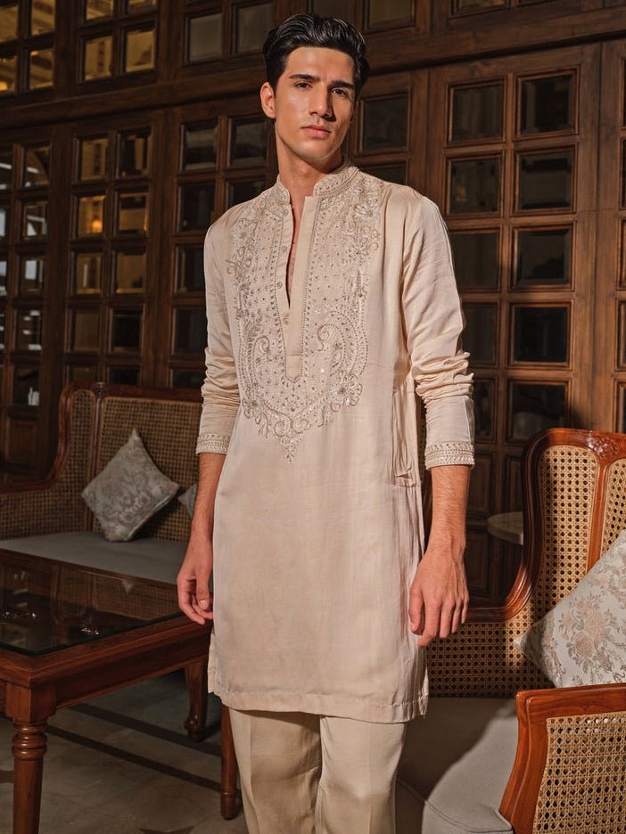 Darzi House Beige Linen Satin Kurta Pants SetFabilicious Fashion