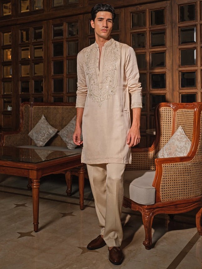 Darzi House Beige Linen Satin Kurta Pants SetFabilicious Fashion