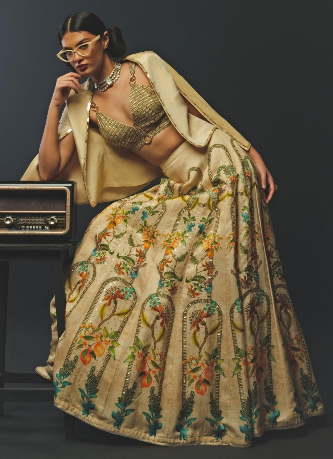 Beige Linen Satin Lehenga Set With Jacket Basil Leaf - Fabilicious Fashion