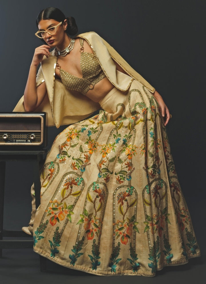 Beige Linen Satin Lehenga Set With Jacket Basil Leaf - Fabilicious Fashion