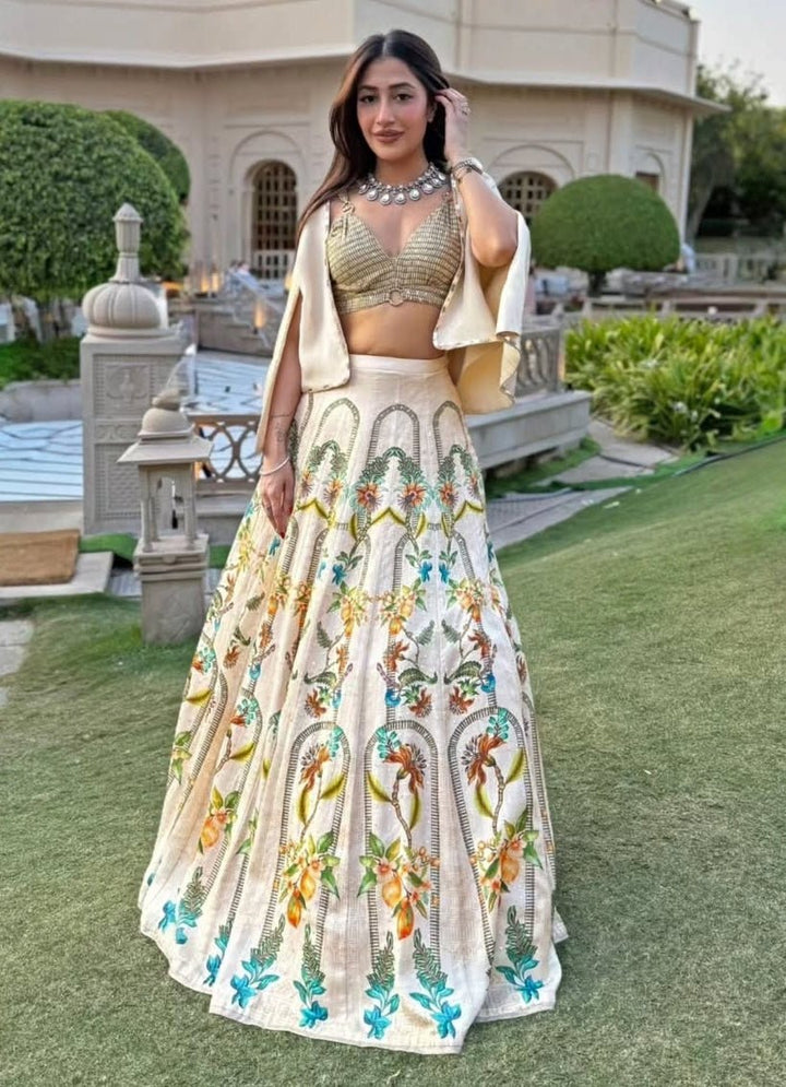 Basil Leaf Beige Linen Satin Lehenga Set With JacketFabilicious Fashion